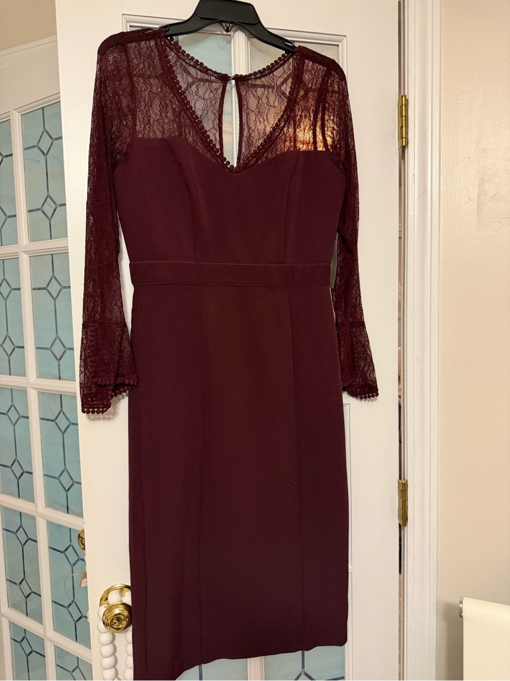 eva mendes for New York & Company Lace-Shoulder Crew Dress in Wine